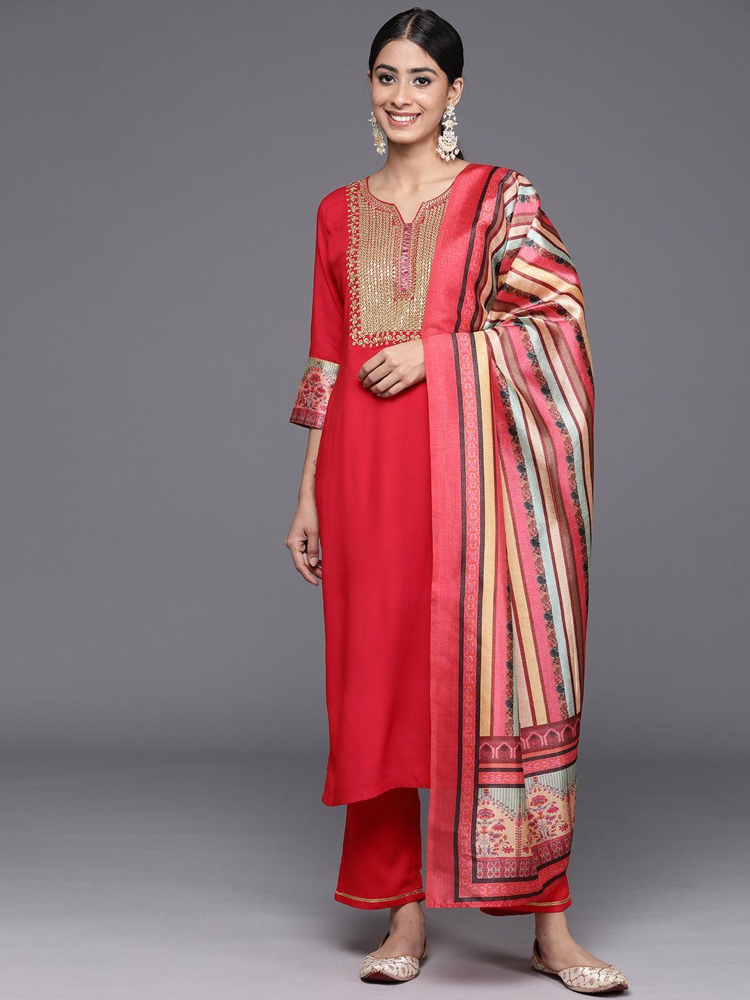 Red Yoke Design Rayon Straight Kurta With Trousers & Dupatta - Libas