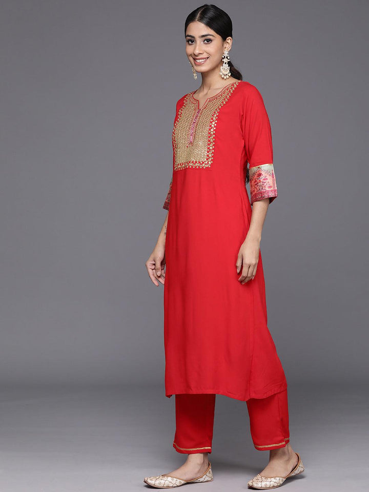 Red Yoke Design Rayon Straight Kurta With Trousers & Dupatta - Libas