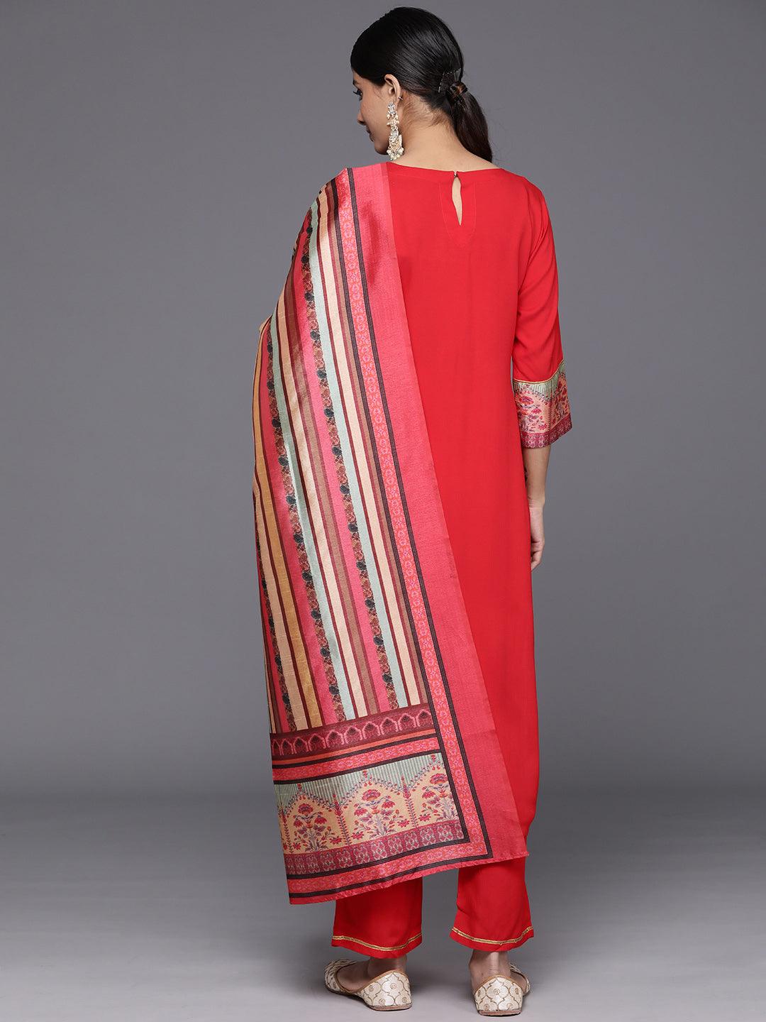 Red Yoke Design Rayon Straight Kurta With Trousers & Dupatta - Libas