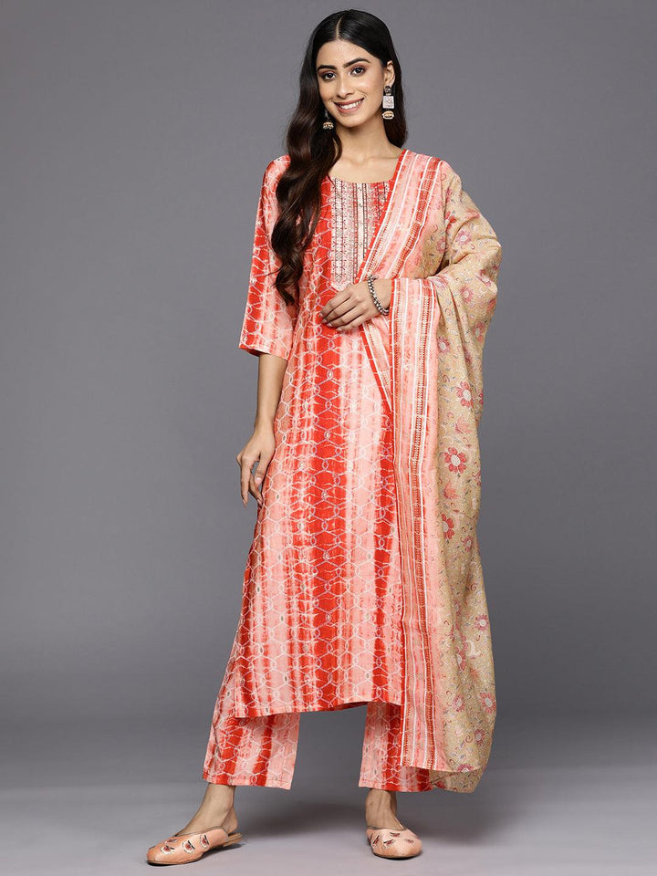 Red Yoke Design Silk Blend Straight Suit Set With Trousers - Libas