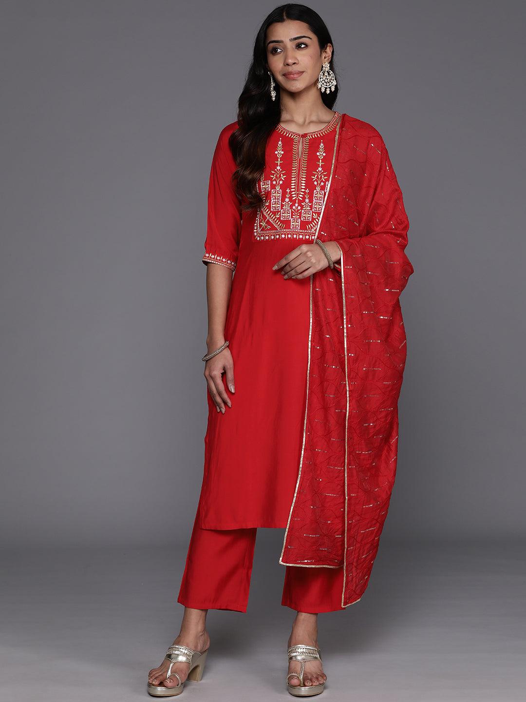 Red Yoke Design Silk Blend Straight Kurta With Trousers & Dupatta - Libas 