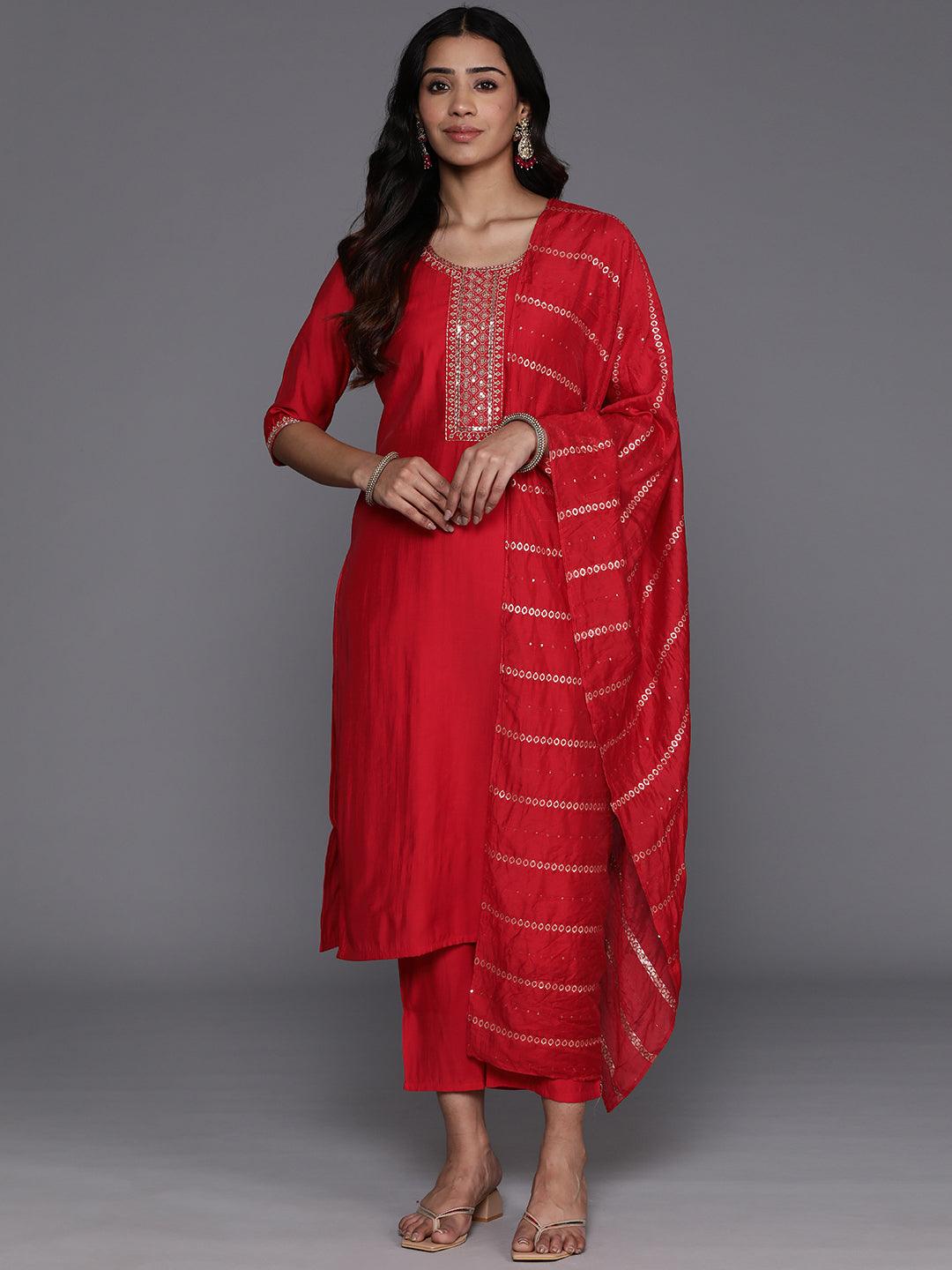 Red Yoke Design Silk Blend Straight Kurta With Trousers & Dupatta - Libas 