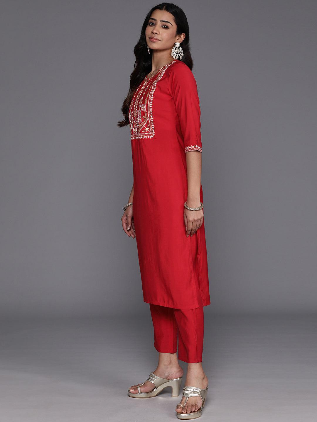 Red Yoke Design Silk Blend Straight Kurta With Trousers & Dupatta - Libas 