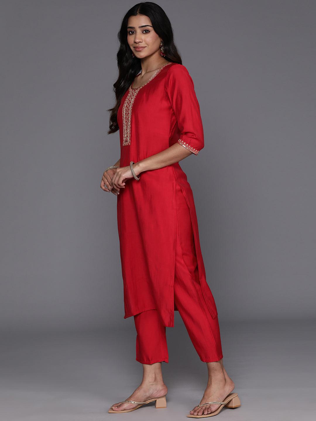 Red Yoke Design Silk Blend Straight Kurta With Trousers & Dupatta - Libas 