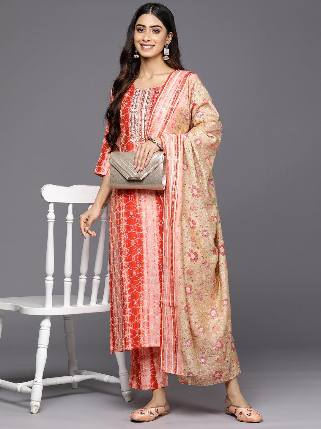 Red Yoke Design Silk Blend Straight Suit Set With Trousers - Libas 