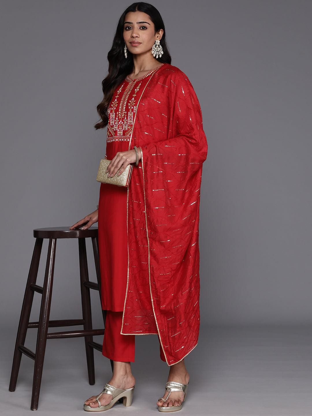 Red Yoke Design Silk Blend Straight Kurta With Trousers & Dupatta - Libas 