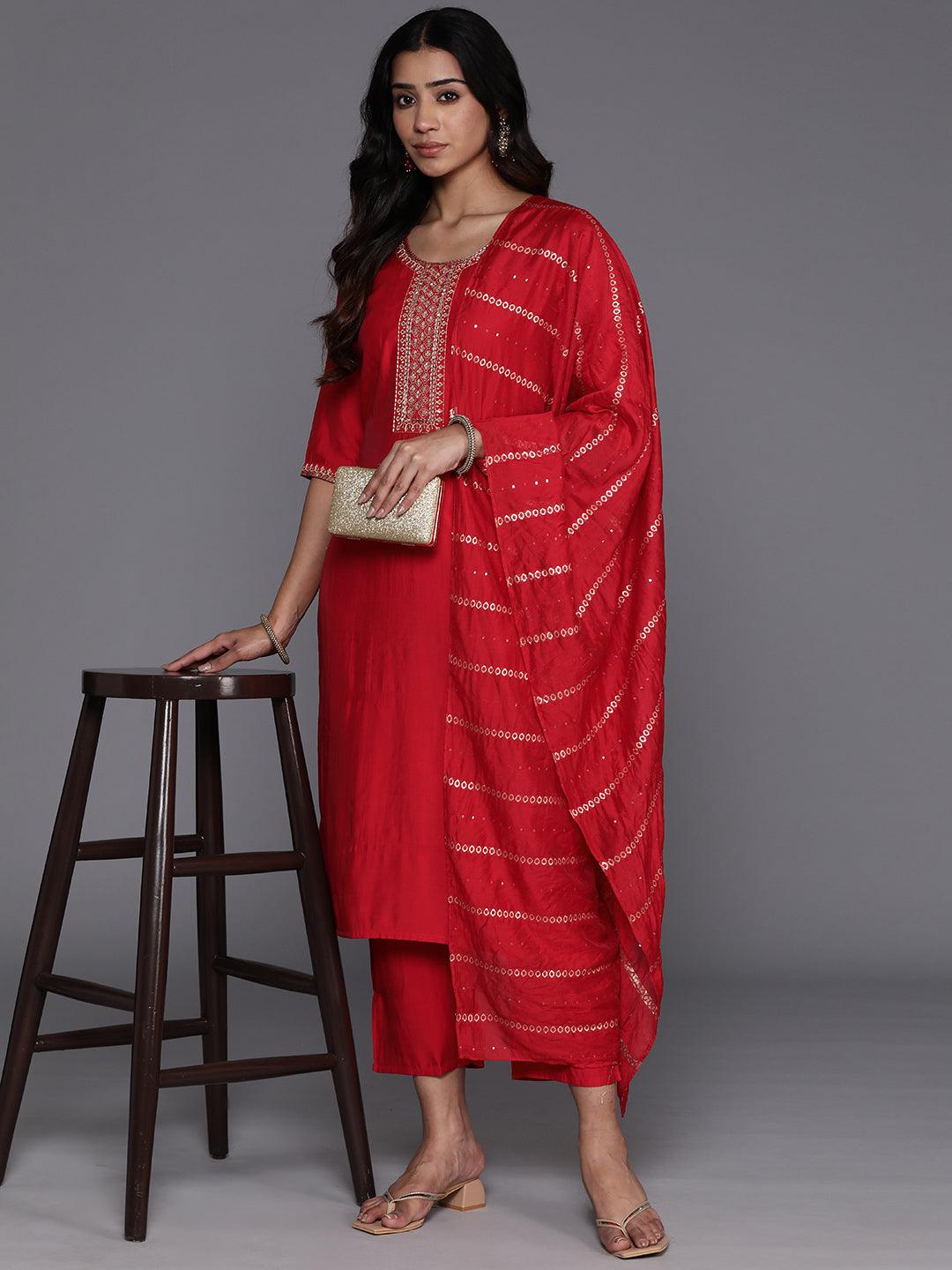 Red Yoke Design Silk Blend Straight Kurta With Trousers & Dupatta - Libas 