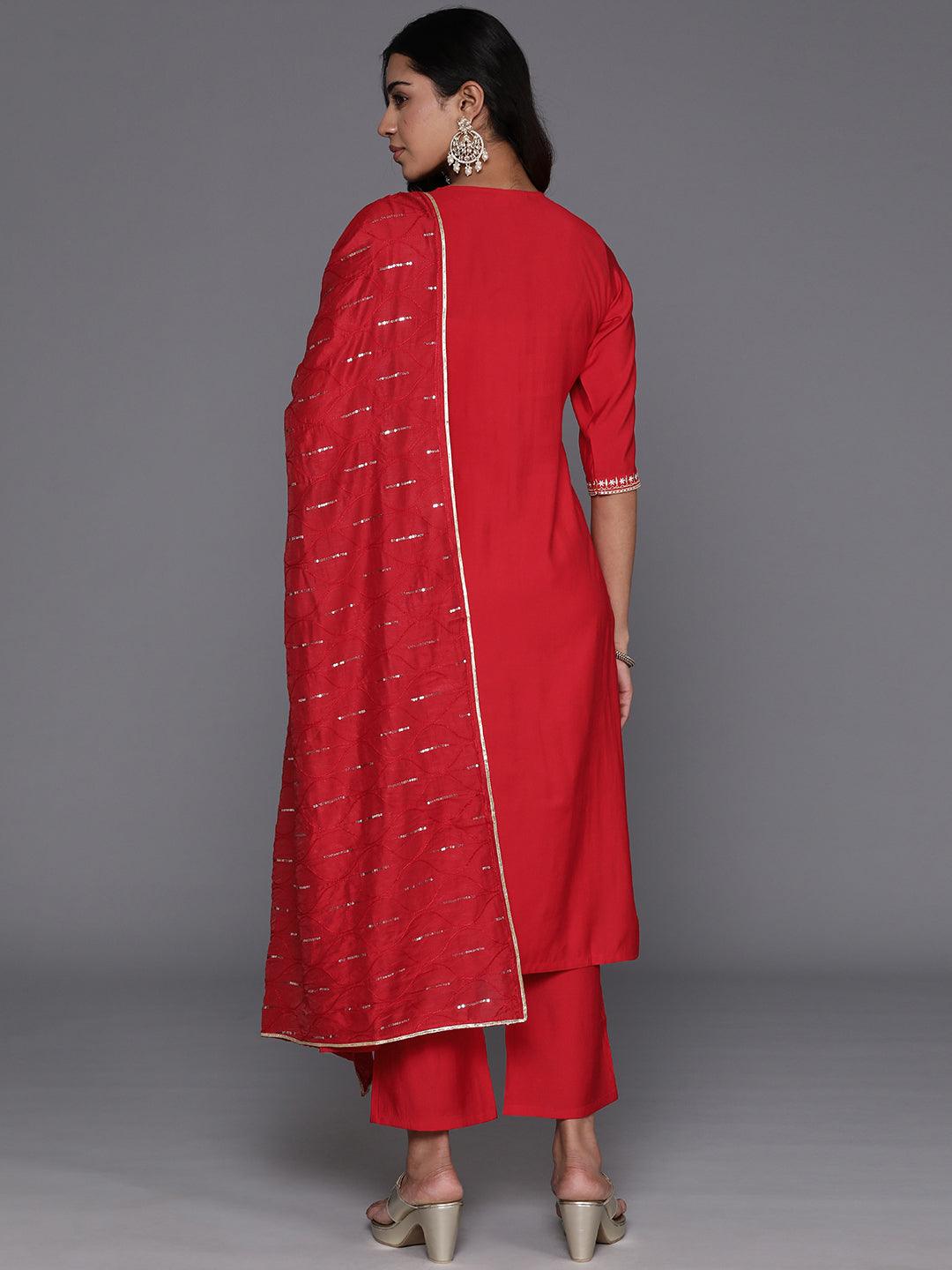 Red Yoke Design Silk Blend Straight Kurta With Trousers & Dupatta - Libas 