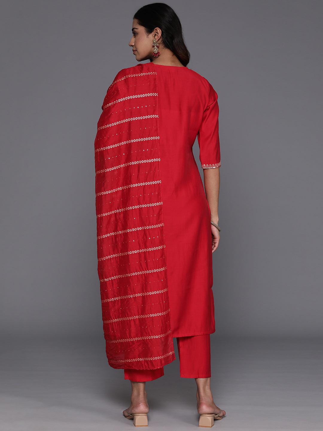 Red Yoke Design Silk Blend Straight Kurta With Trousers & Dupatta - Libas 