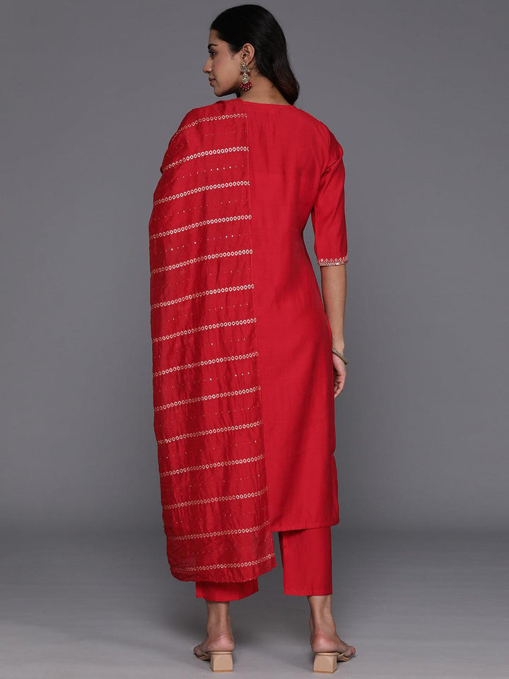 Red Yoke Design Silk Blend Straight Kurta With Trousers & Dupatta - Libas