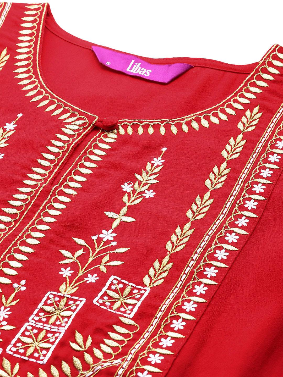 Red Yoke Design Silk Blend Straight Kurta With Trousers & Dupatta - Libas