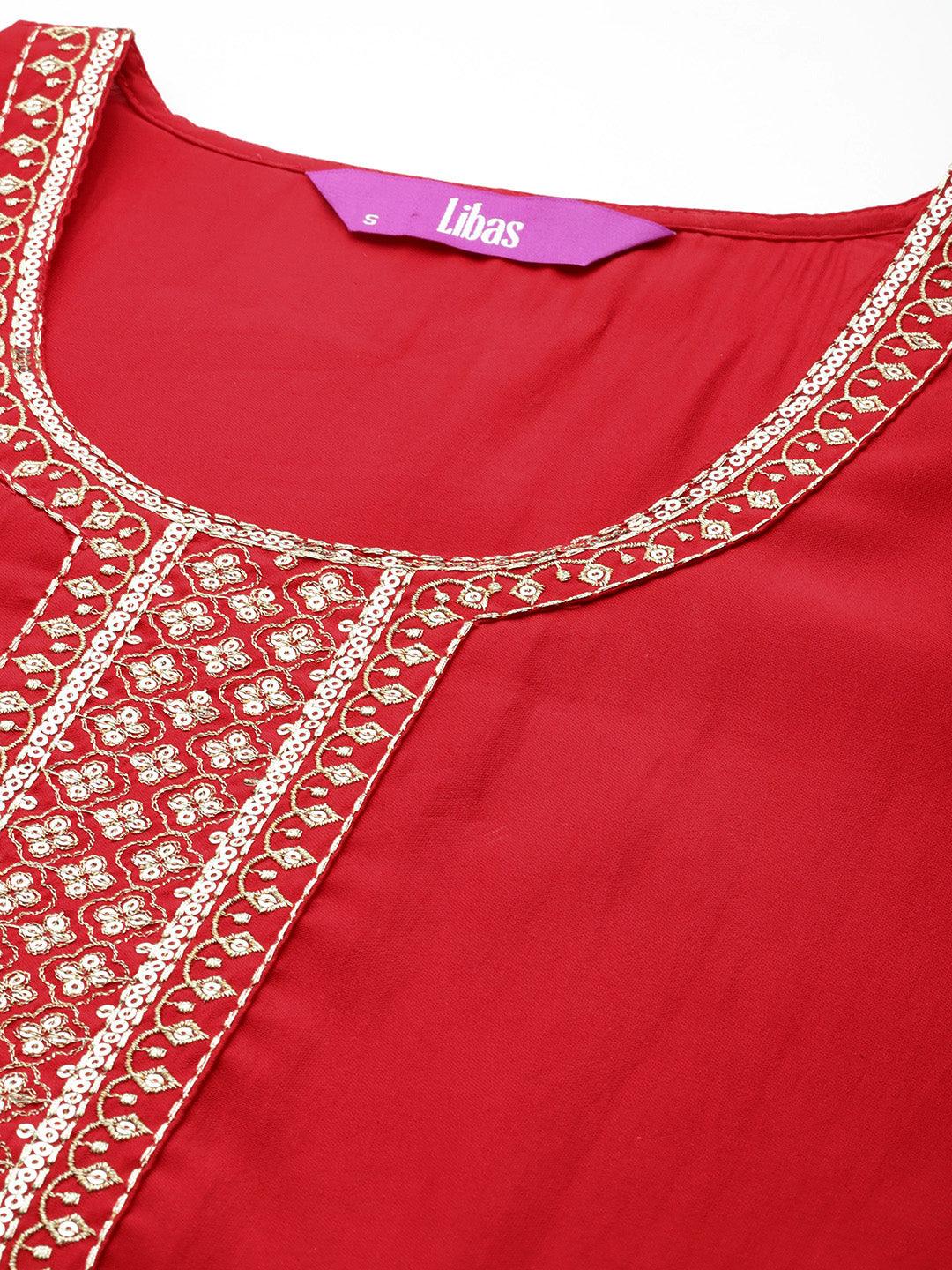 Red Yoke Design Silk Blend Straight Kurta With Trousers & Dupatta - Libas