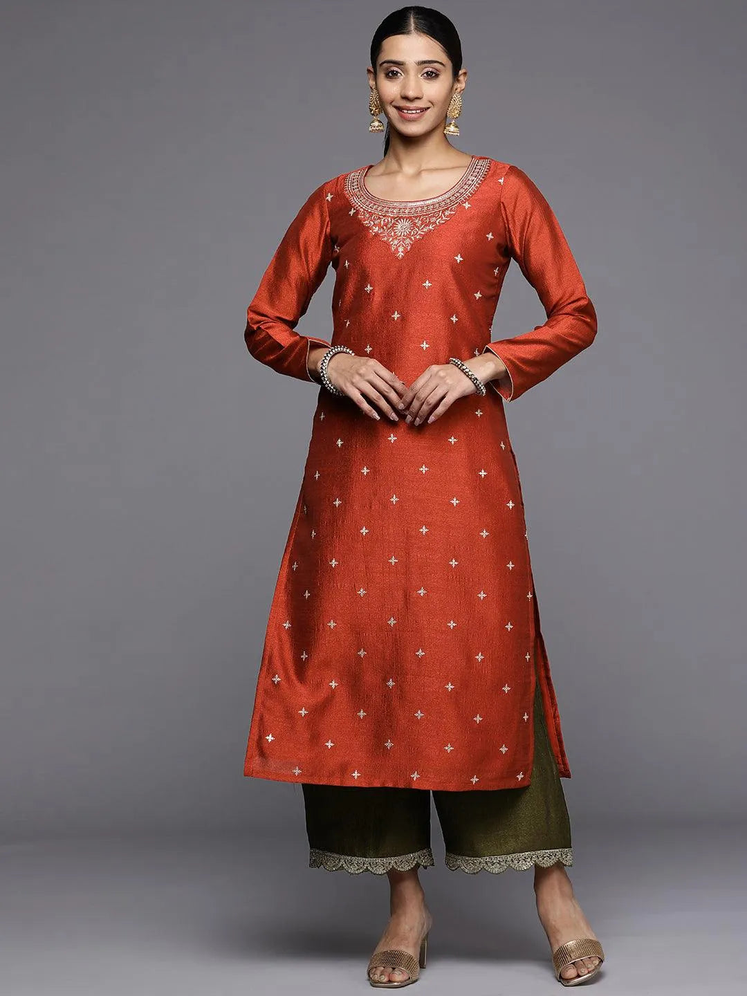 Rust Embroidered Silk Straight Kurta - Libas