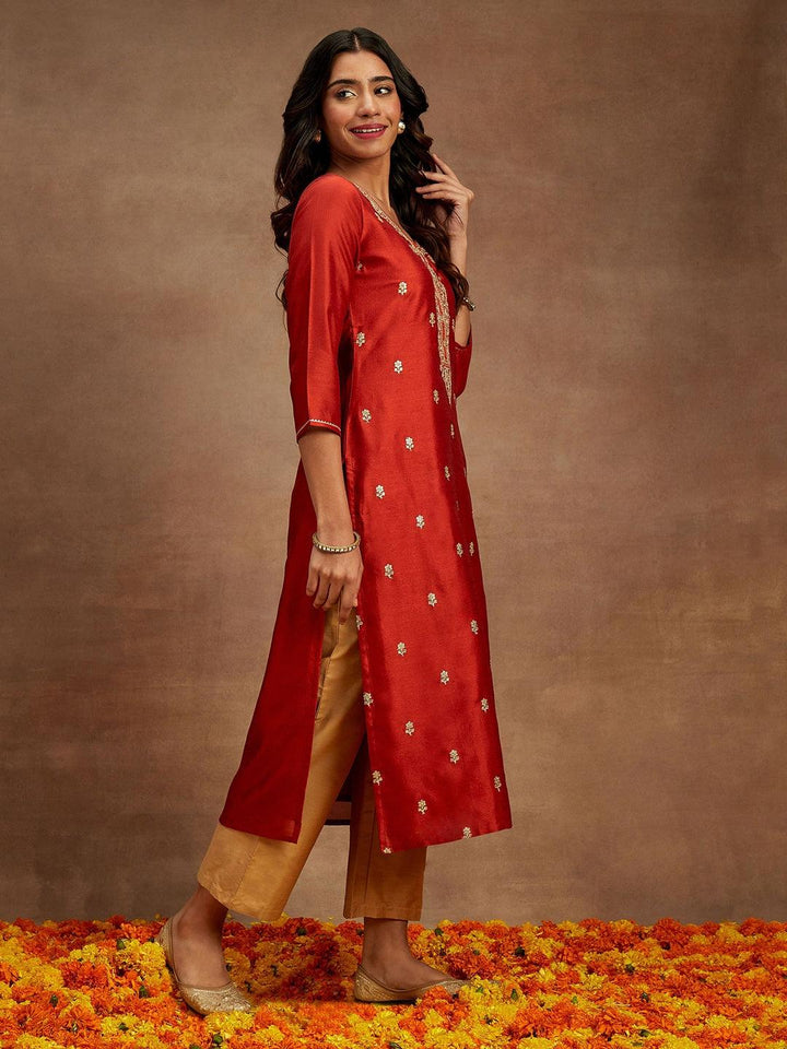 Rust Embroidered Silk Straight Kurta - Libas