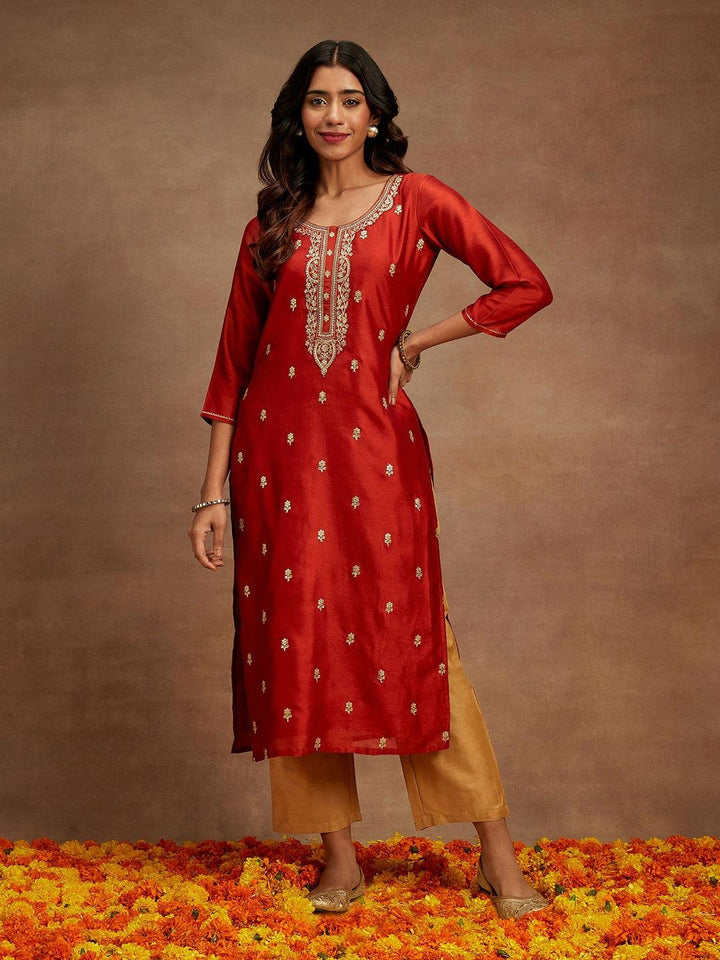 Rust Embroidered Silk Straight Kurta - Libas