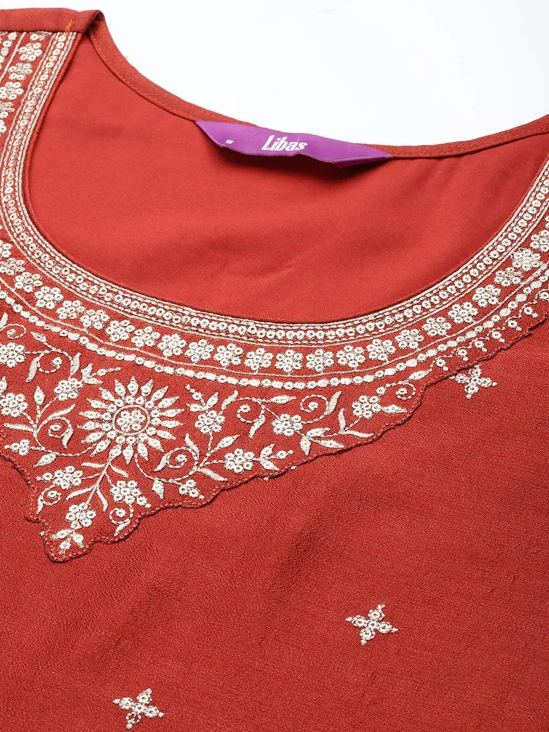 

Rust Embroidered Silk Straight Kurta