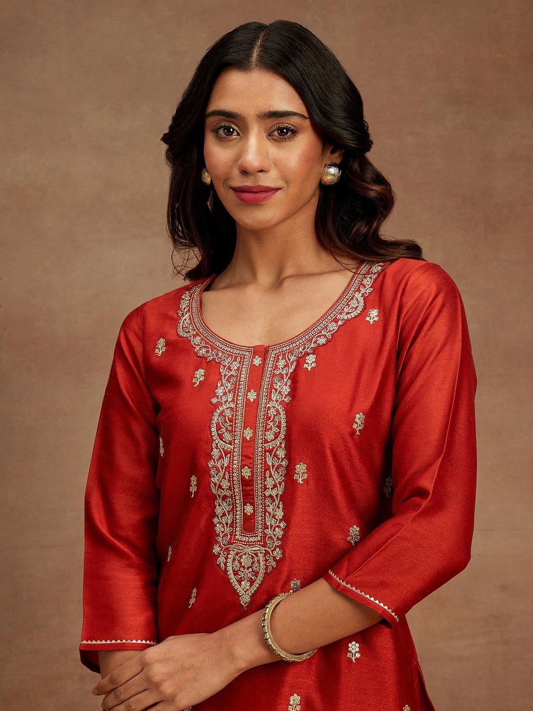 Rust Embroidered Silk Straight Kurta - Libas