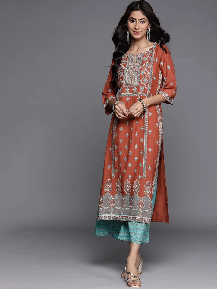 Rust Printed Chanderi Silk Kurta - Libas