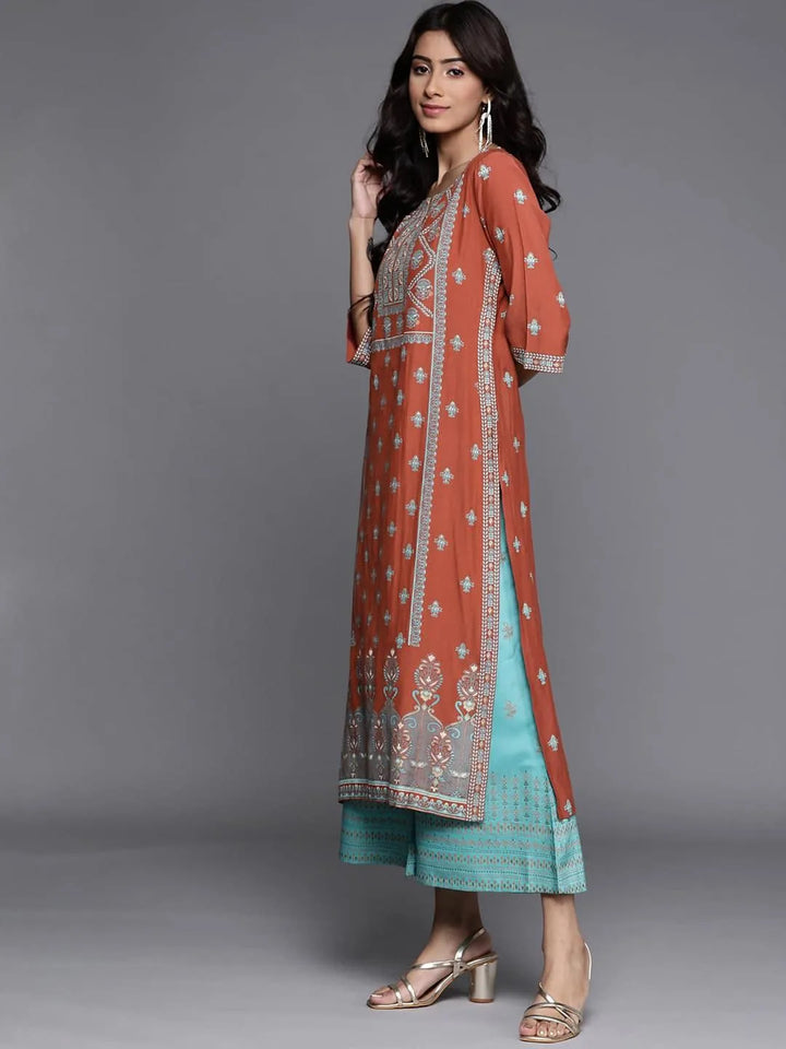 Rust Printed Chanderi Silk Kurta - Libas