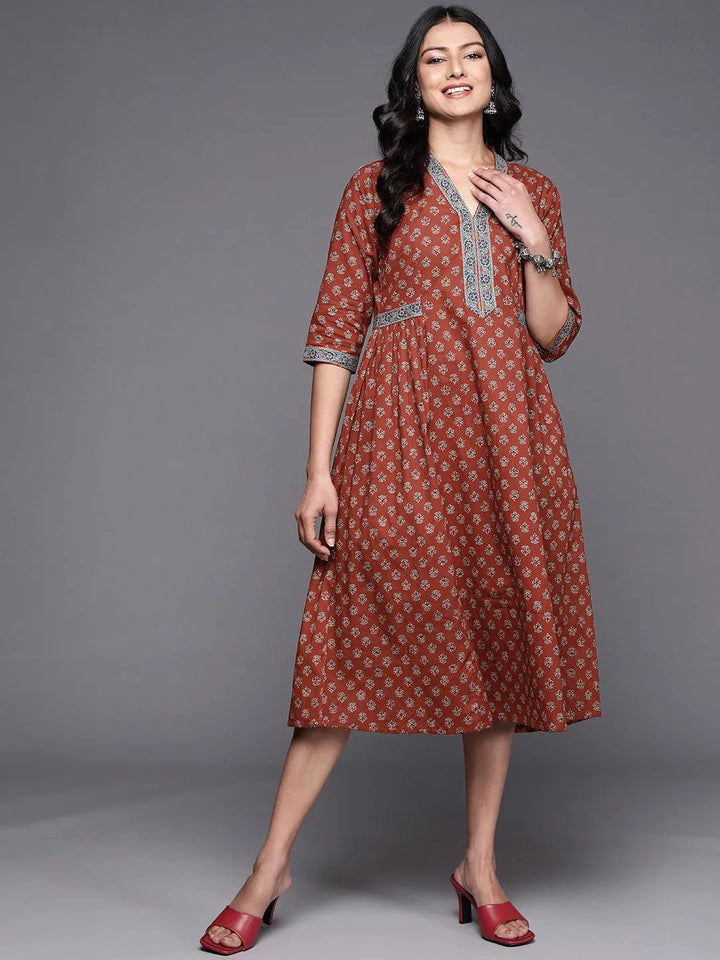 Rust Printed Cotton A-Line Dress - Libas