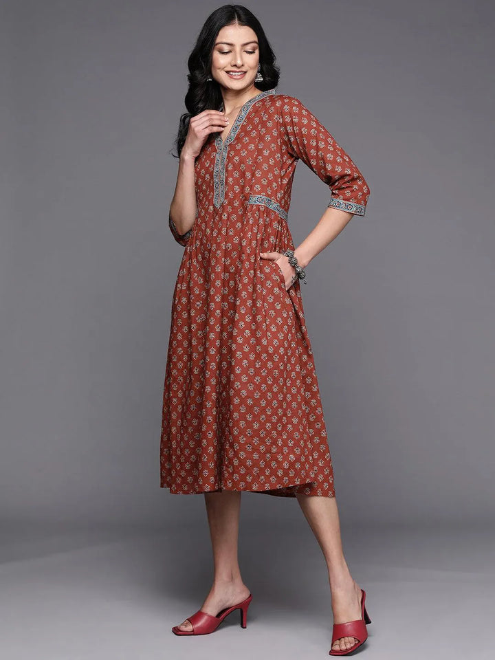 Rust Printed Cotton A-Line Dress - Libas