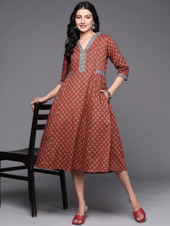 Rust Printed Cotton A-Line Dress - Libas