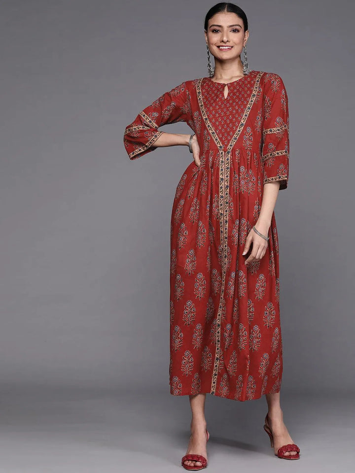 Rust Printed Cotton Dress - Libas