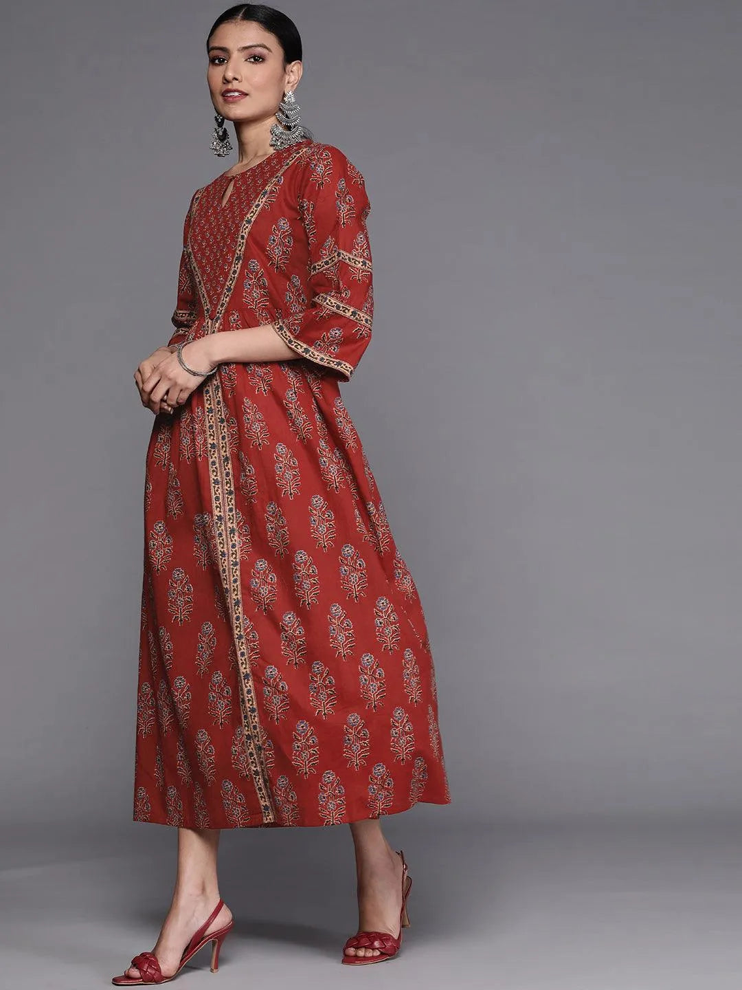 Rust Printed Cotton Dress - Libas