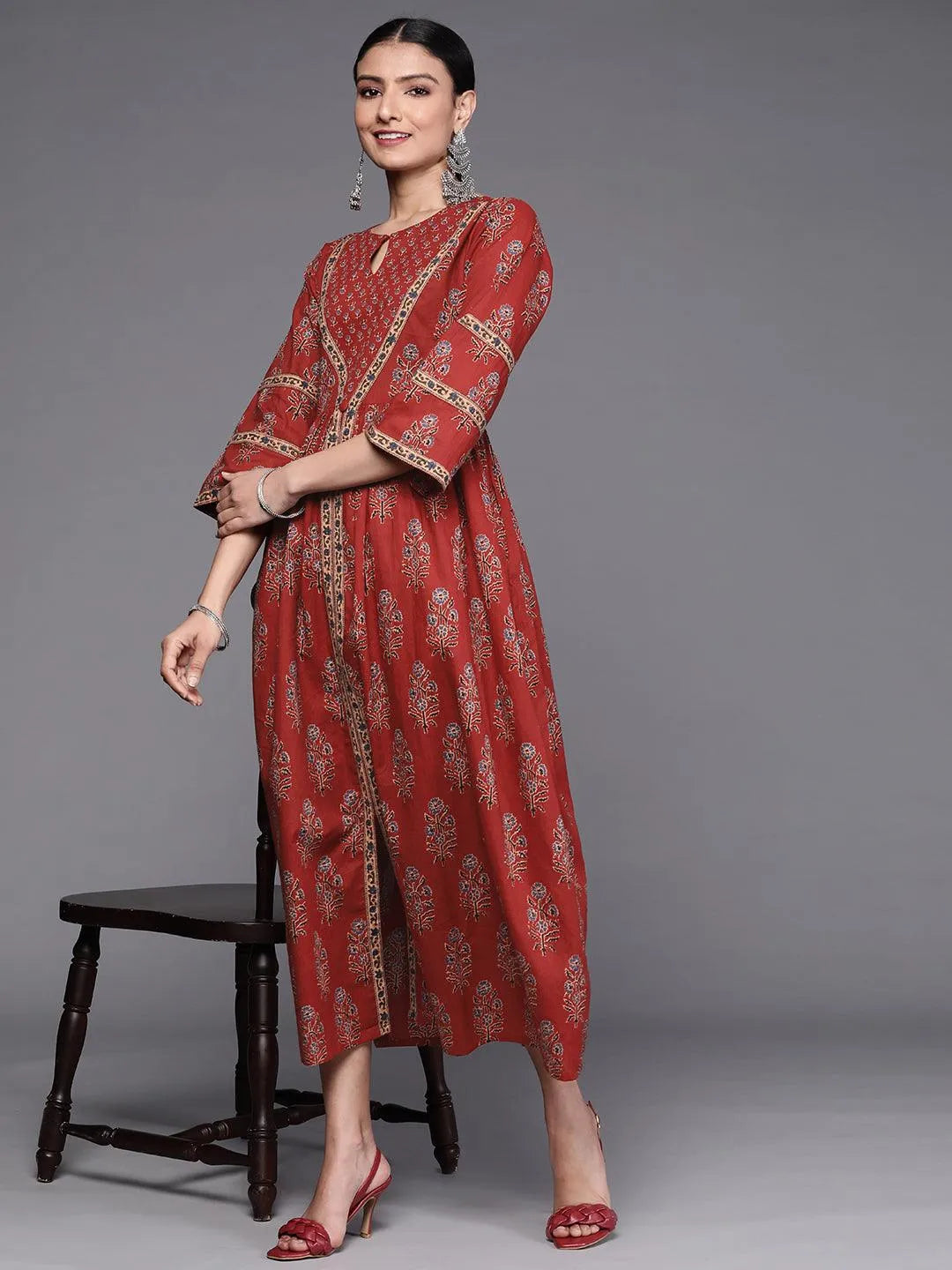 Rust Printed Cotton Dress - Libas