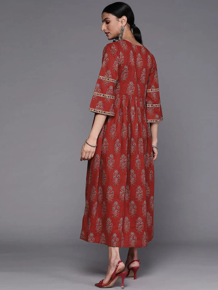 Rust Printed Cotton Dress - Libas