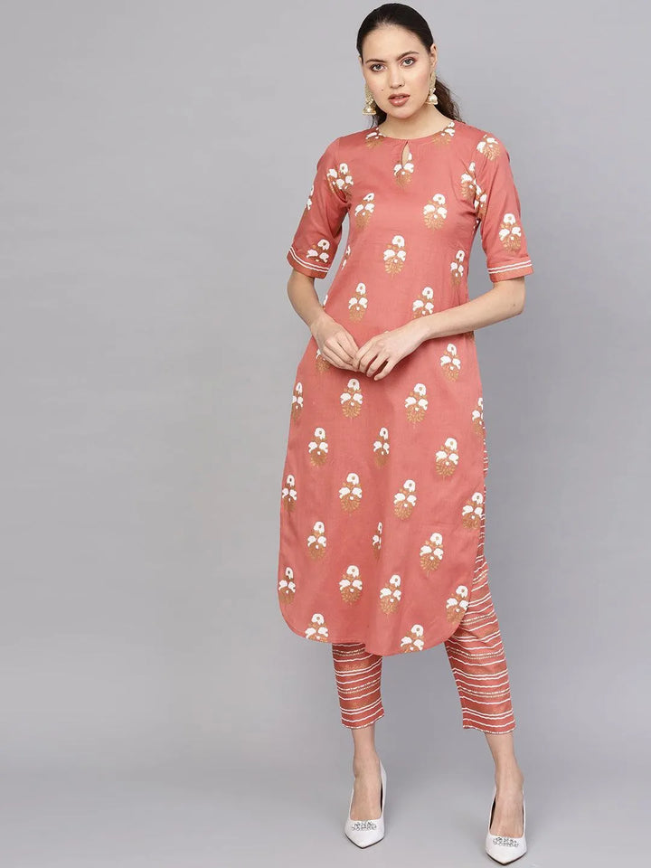 Rust Printed Cotton Kurta Set - Libas