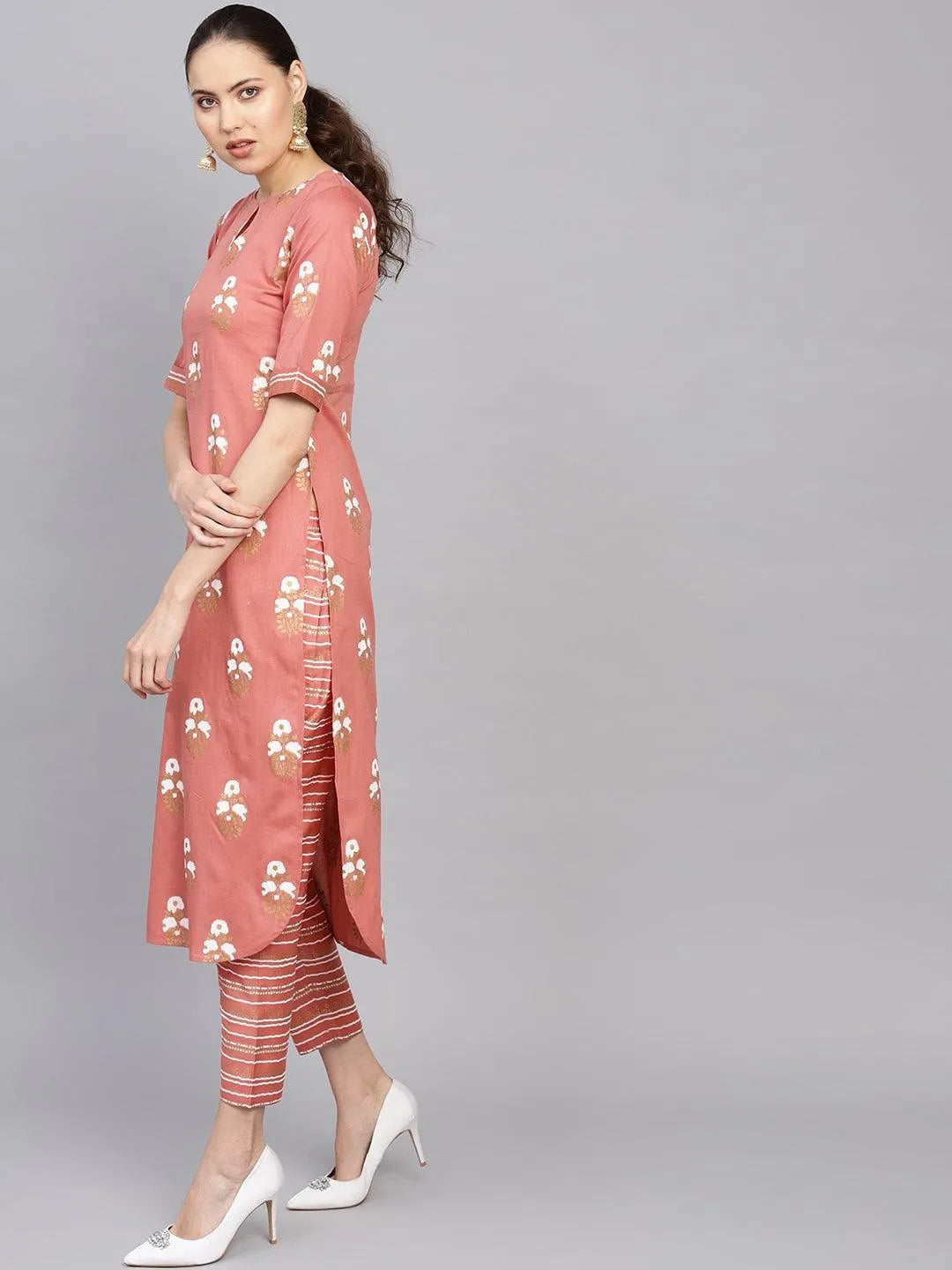 Rust Printed Cotton Kurta Set - Libas