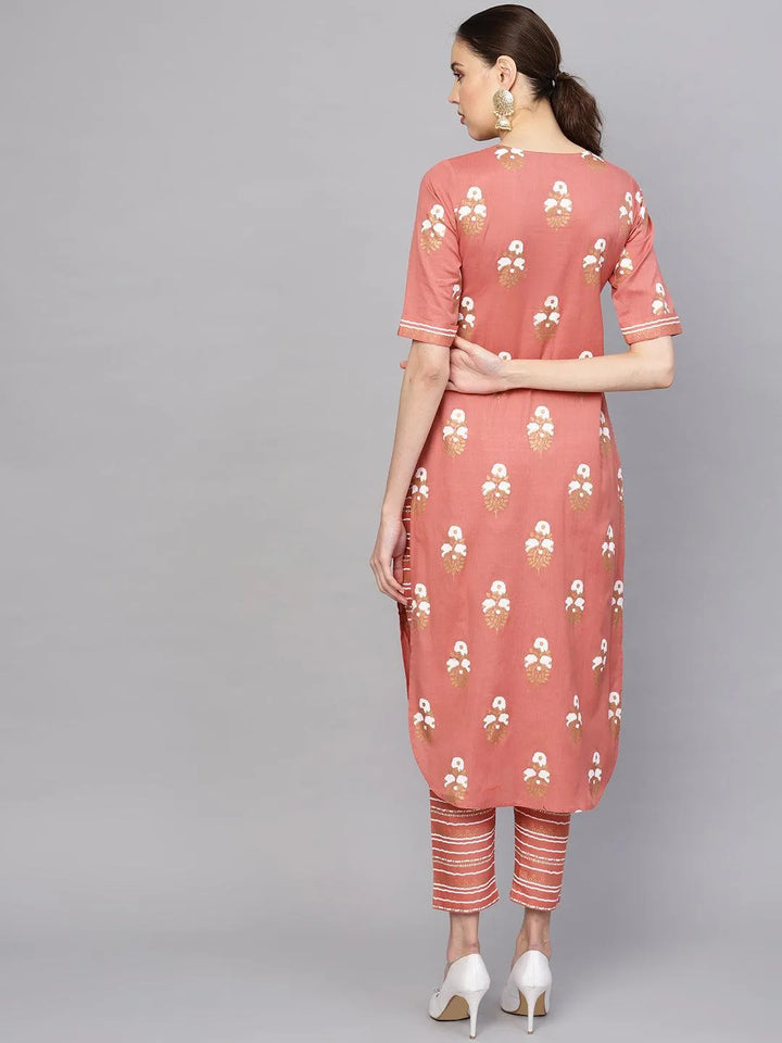 Rust Printed Cotton Kurta Set - Libas