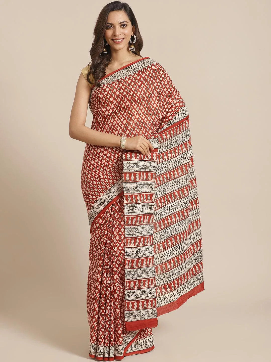 Rust Printed Cotton Saree - Libas