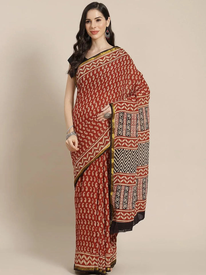 Rust Printed Cotton Saree - Libas