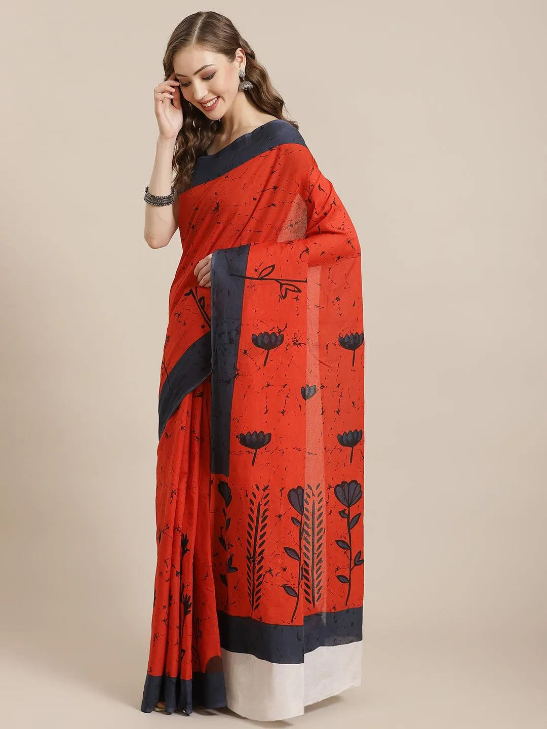 Rust Printed Cotton Saree - Libas