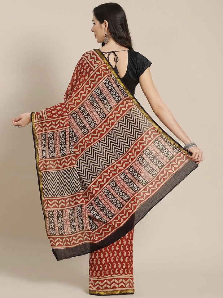 Rust Printed Cotton Saree - Libas