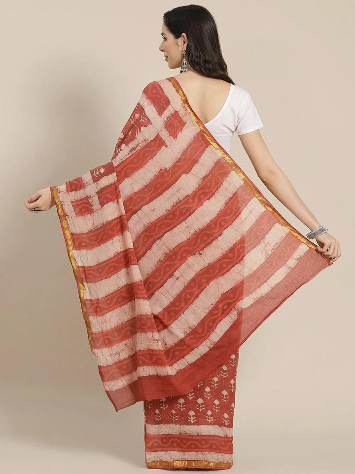 Rust Printed Cotton Saree - Libas