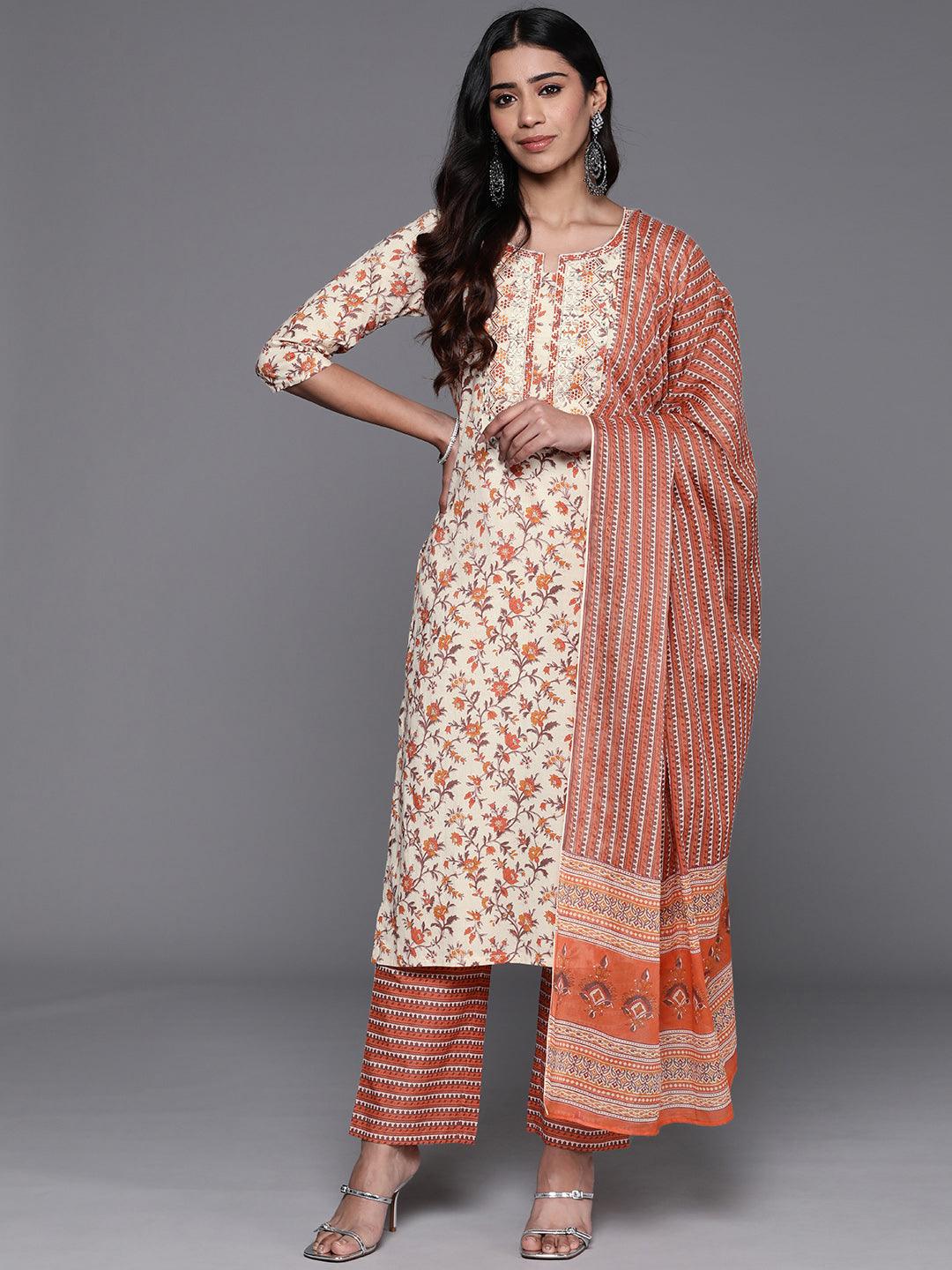 Rust Printed Cotton Straight Kurta With Palazzos & Dupatta - Libas