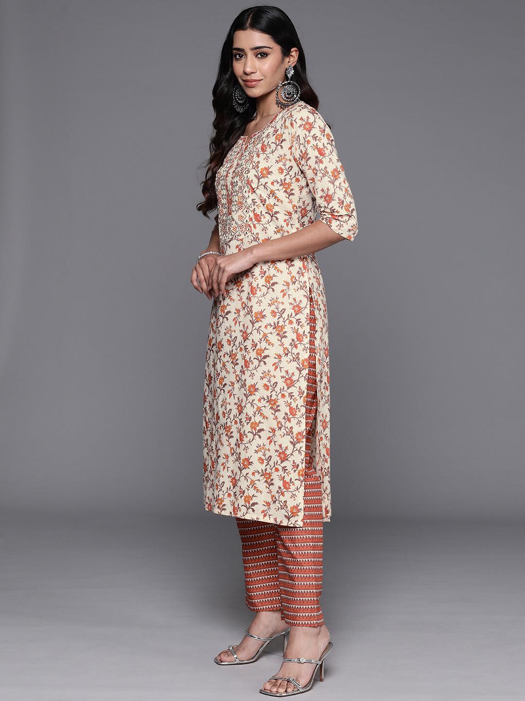 Rust Printed Cotton Straight Kurta With Palazzos & Dupatta - Libas 