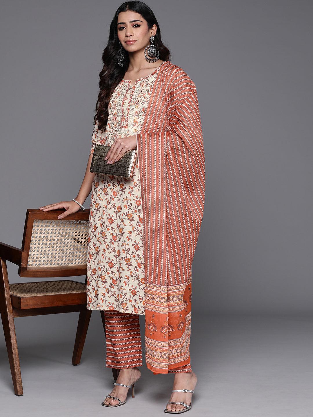 Rust Printed Cotton Straight Kurta With Palazzos & Dupatta - Libas 