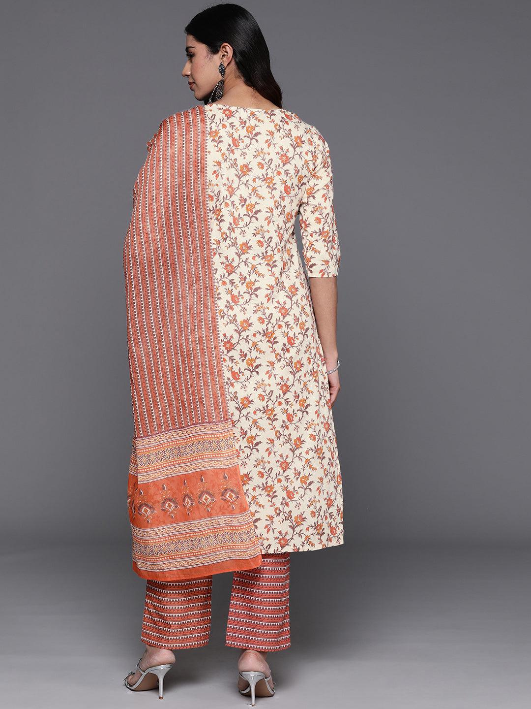 Rust Printed Cotton Straight Kurta With Palazzos & Dupatta - Libas 