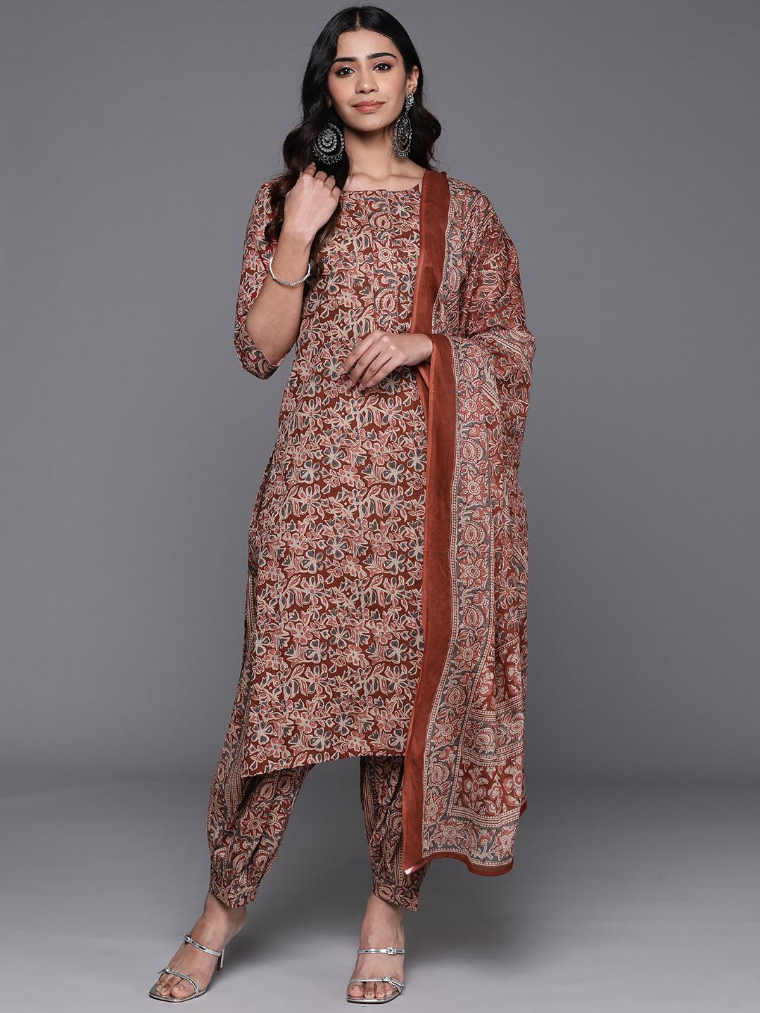 Rust Printed Cotton Straight Kurta With Salwar & Dupatta - Libas