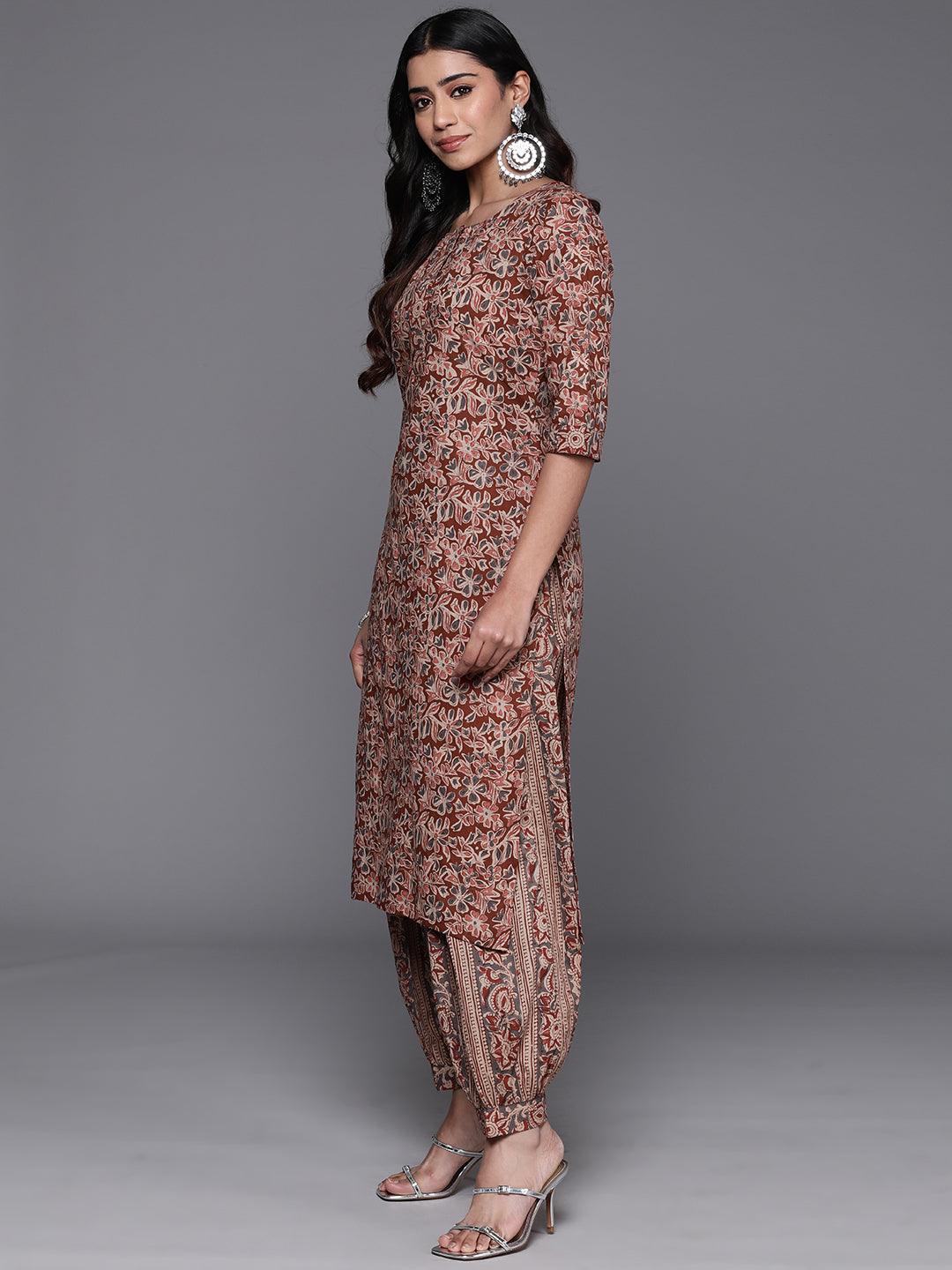 Rust Printed Cotton Straight Kurta With Salwar & Dupatta - Libas 