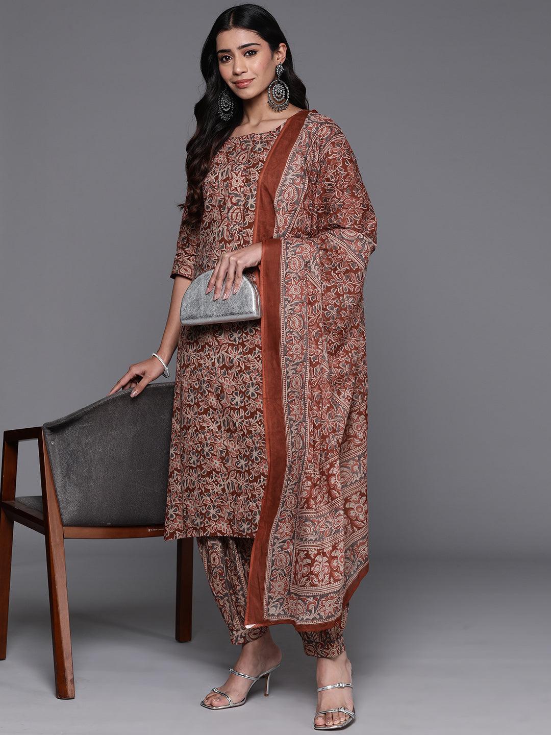 Rust Printed Cotton Straight Kurta With Salwar & Dupatta - Libas 