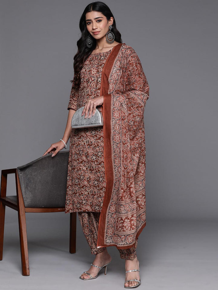 Rust Printed Cotton Straight Kurta With Salwar & Dupatta - Libas