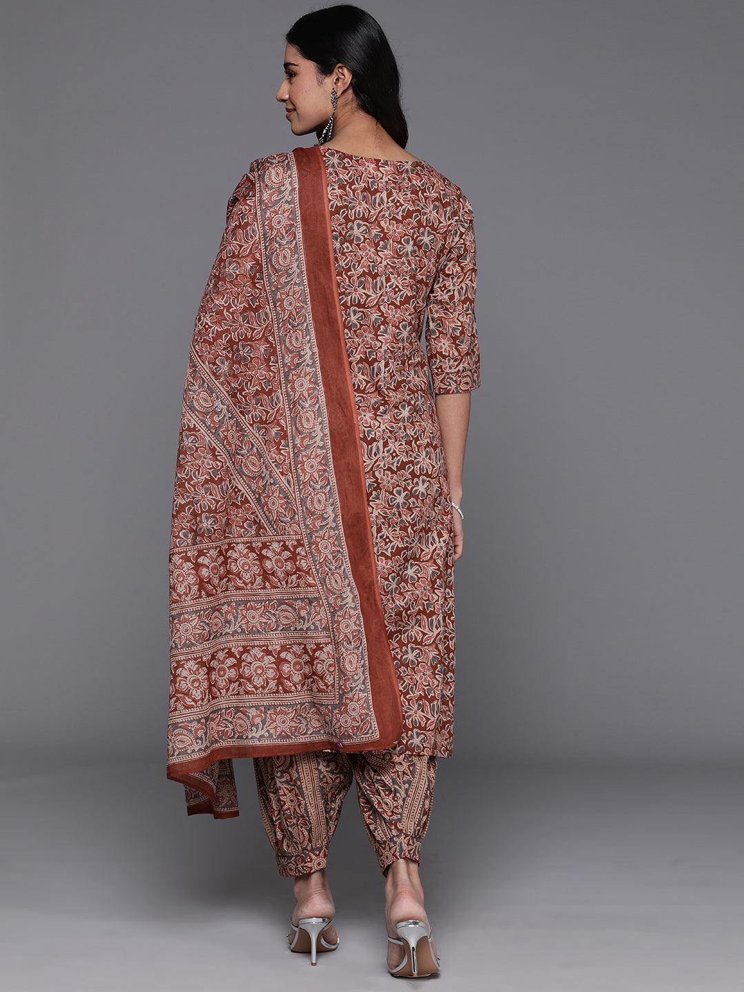 Rust Printed Cotton Straight Kurta With Salwar & Dupatta - Libas 