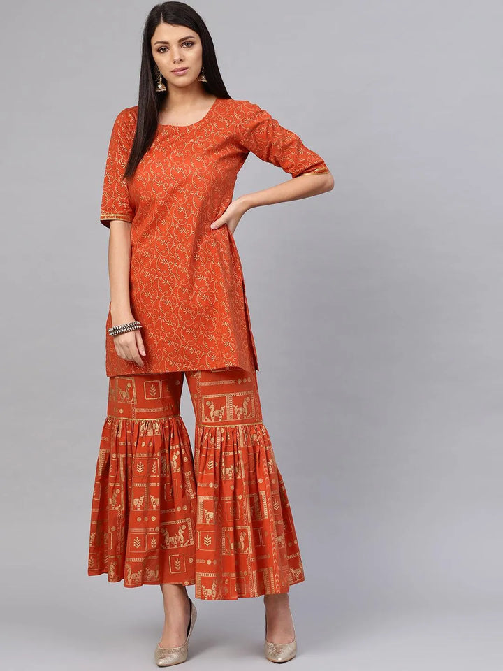 Rust Printed Cotton Kurta Set - Libas