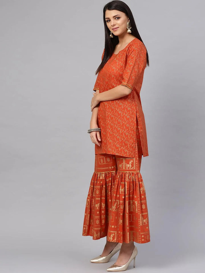 Rust Printed Cotton Kurta Set - Libas