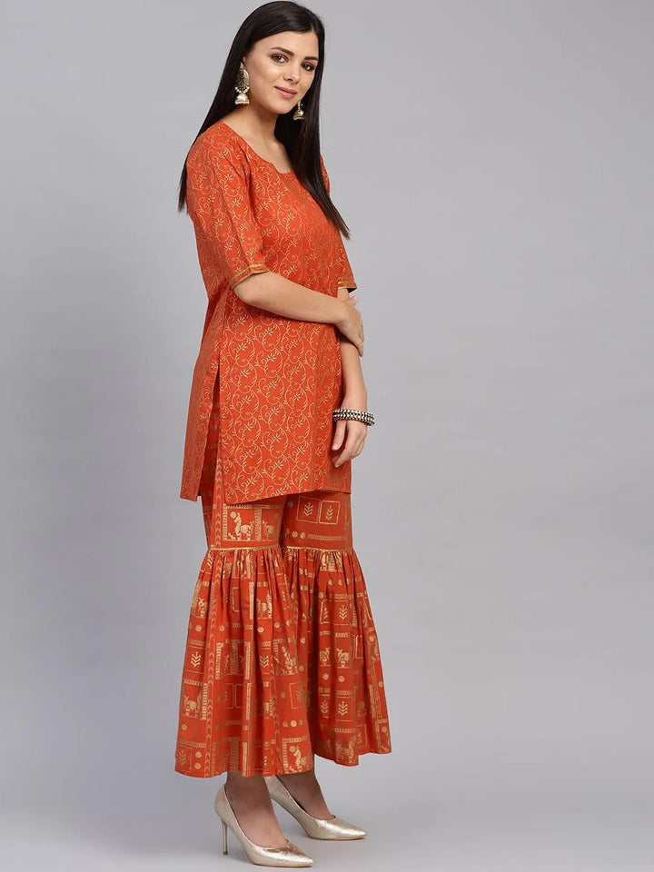 Rust Printed Cotton Kurta Set - Libas